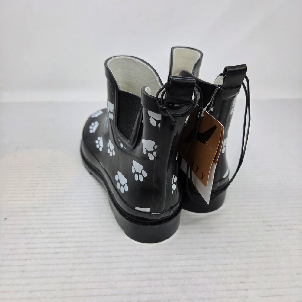 Norty Rain Boots Women 8 Black Paw Print Waterproof Chelsea Lug Sole 654 NWT - Picture 5 of 16